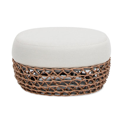 Outdoor Round Ottoman Wicker Beige Wheat Cushion 25in Foam Filled