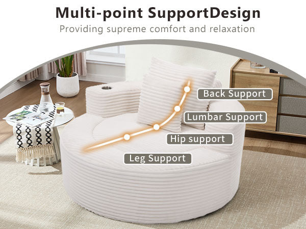 Sofa Round Memory Foam Velvet White with Cup Holder 55 In