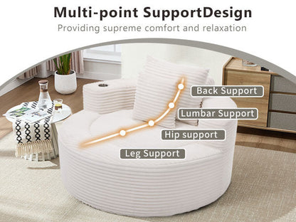 Sofa Round Memory Foam Velvet White with Cup Holder 55 In