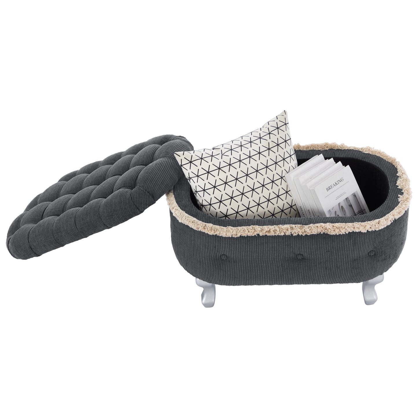 Storage Bench Tufted Gray Fabric Tassel Trim Flip Top 29.5x17.8x19 In