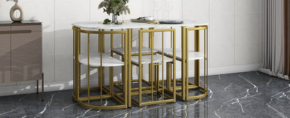 Modern 7-Piece Dining Table Set with Faux Marble Compact 55 In Kitchen Table Set for 6