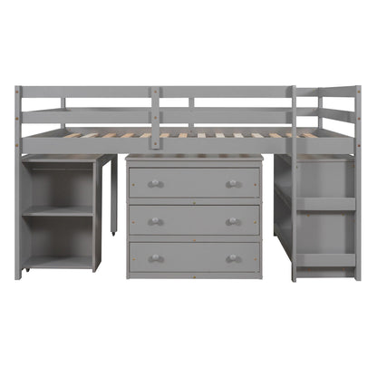 Loft Low Study Bed With Cabinet, Shelves And Rolling Portable Desk, Multiple Functions