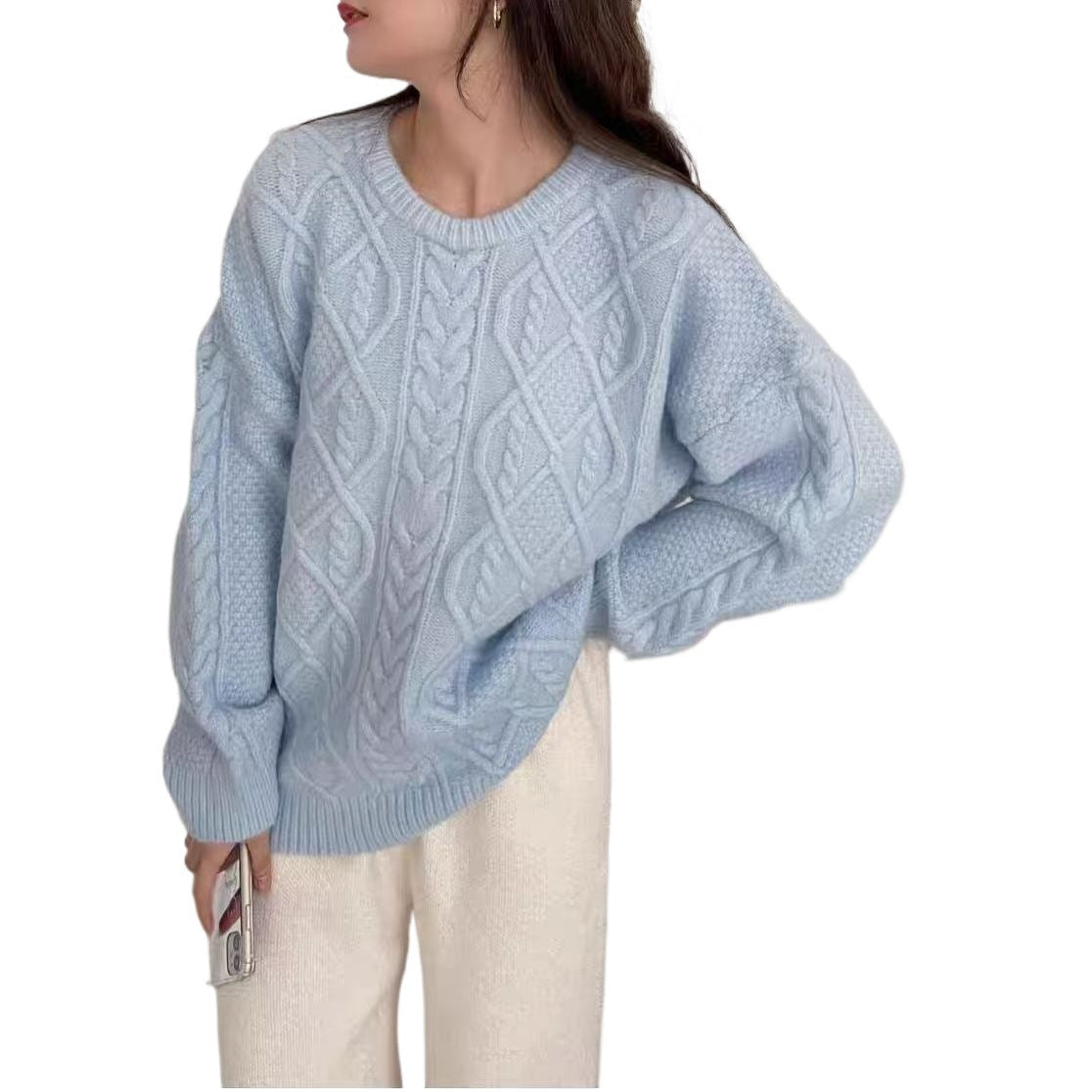 Thickened Relaxed-fit Cable-knit Crew-neck Sweater That Flatters Your