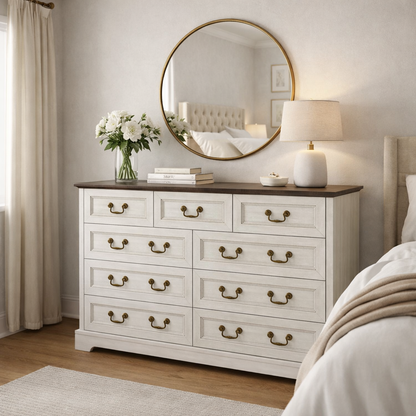 Dresser Farmhouse 9-Drawer Antique Gray MDF Brass Handles 55.1x37.2 In