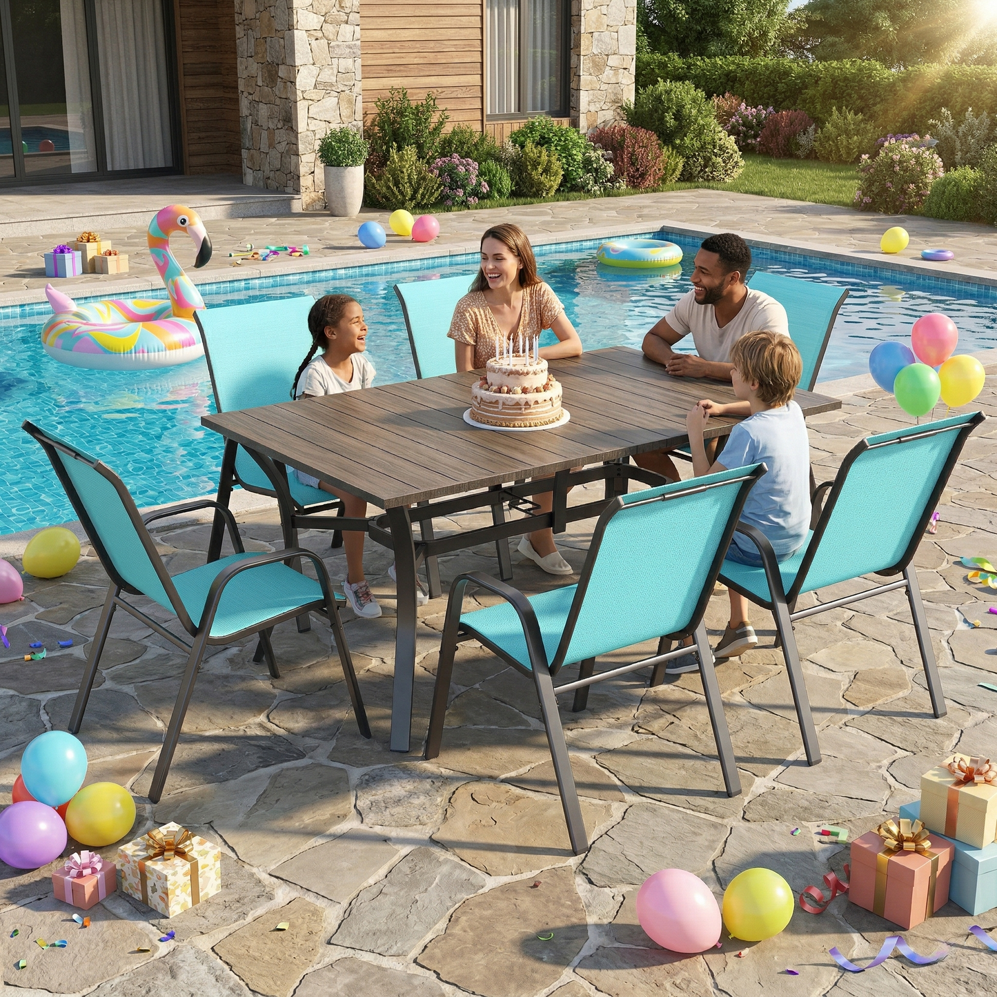 7 Piece Outdoor Dining Set Seats 6 Steel Wood Grain
