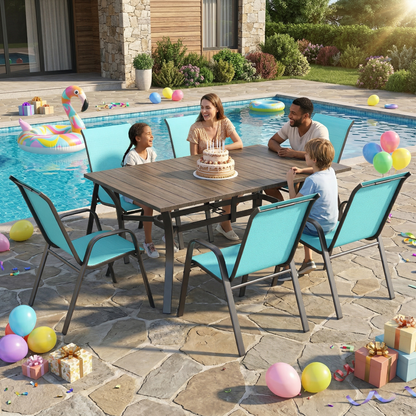 7 Piece Outdoor Dining Set Seats 6 Steel Wood Grain