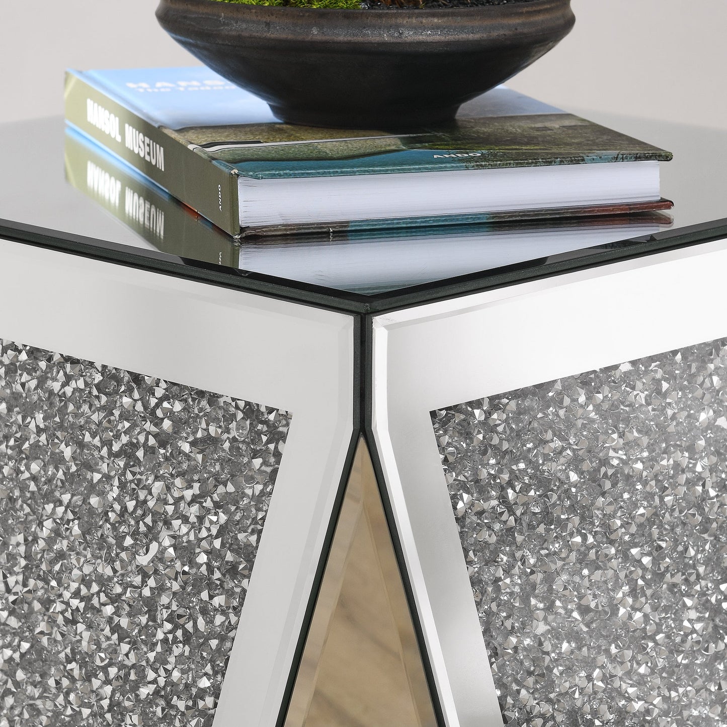 Inverted Triangle Mirror Coffee Table, Crystal Diamond Inlaid, Silver Glass