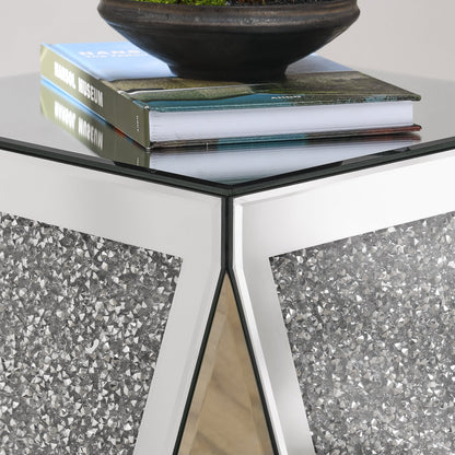 Inverted Triangle Mirror Coffee Table, Crystal Diamond Inlaid, Silver Glass