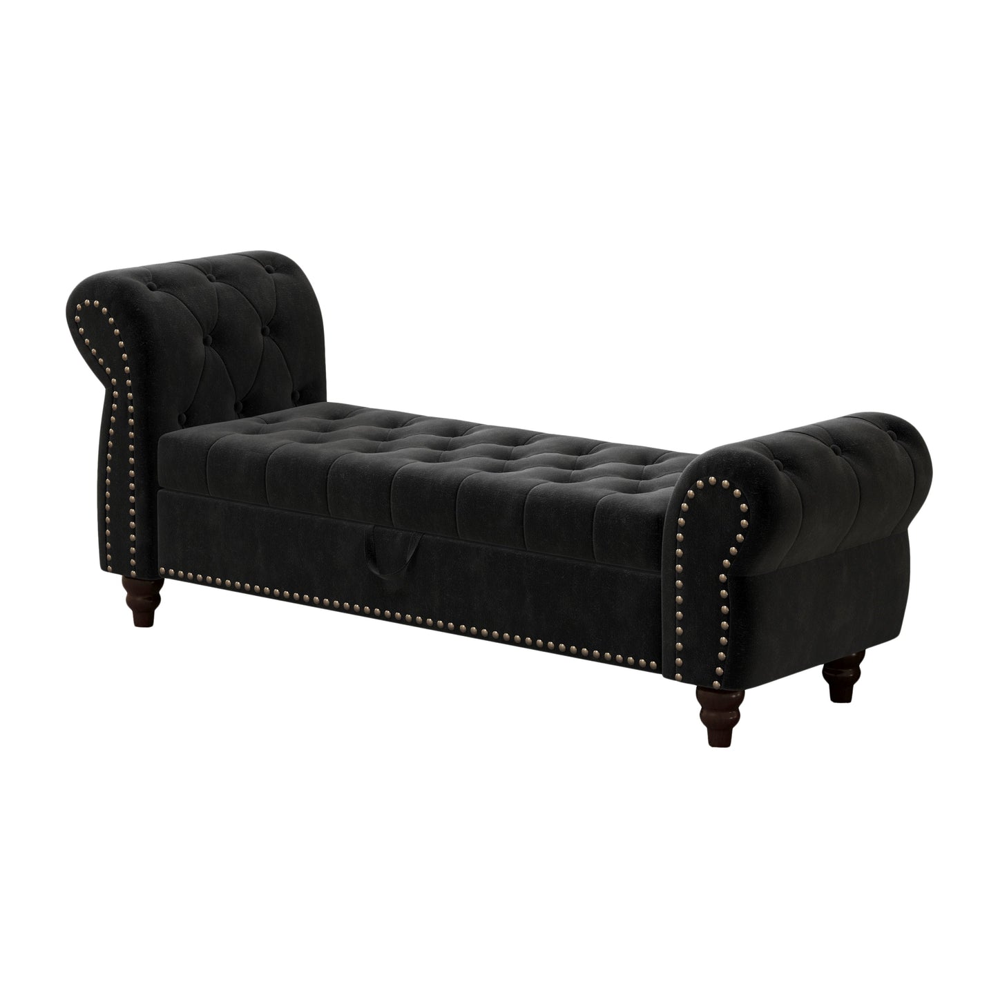 64.5 in Tufted Chaise Lounge Bench with Storage, Velvet Upholstery, Black