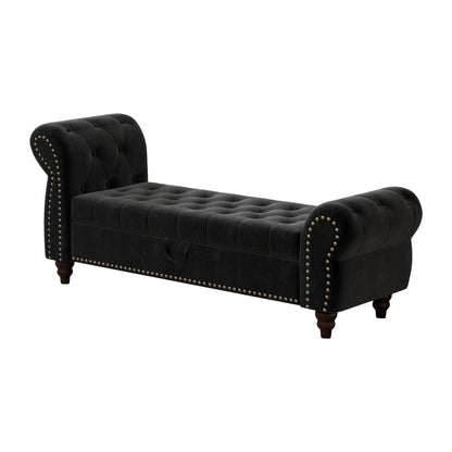 64.5 in Tufted Chaise Lounge Bench with Storage, Velvet Upholstery, Black