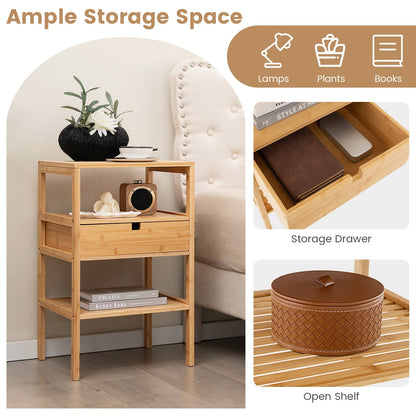 Bamboo Nightstand with Storage Drawer and Slatted Shelf