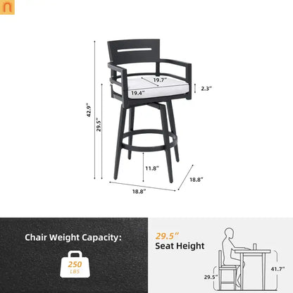 Outdoor Bar Stool Aluminum Black Swivel Footrest 360 Cushion Set of 2