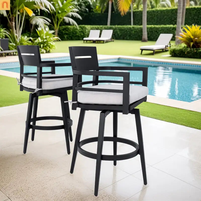 Outdoor Bar Stool Aluminum Black Swivel Footrest 360 Cushion Set of 2