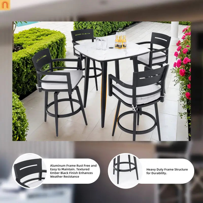 Outdoor Bar Stool Aluminum Black Swivel Footrest 360 Cushion Set of 2