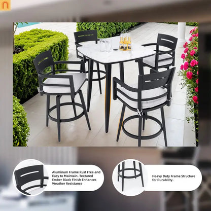 Outdoor Bar Stool Aluminum Black Swivel Footrest 360 Cushion Set of 2
