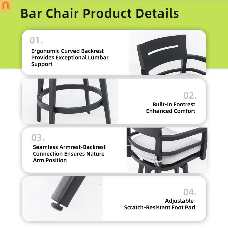 Outdoor Bar Stool Aluminum Black Swivel Footrest 360 Cushion Set of 2