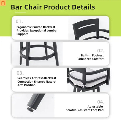 Outdoor Bar Stool Aluminum Black Swivel Footrest 360 Cushion Set of 2