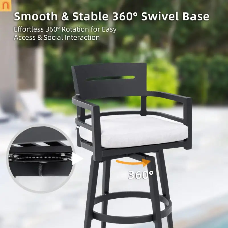 Outdoor Bar Stool Aluminum Black Swivel Footrest 360 Cushion Set of 2