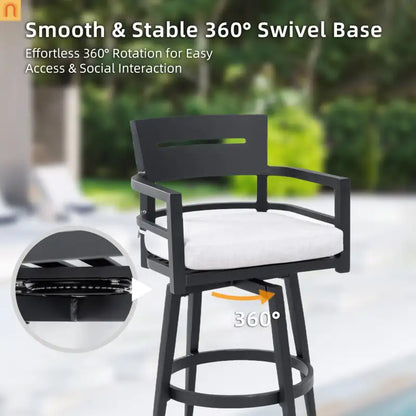 Outdoor Bar Stool Aluminum Black Swivel Footrest 360 Cushion Set of 2