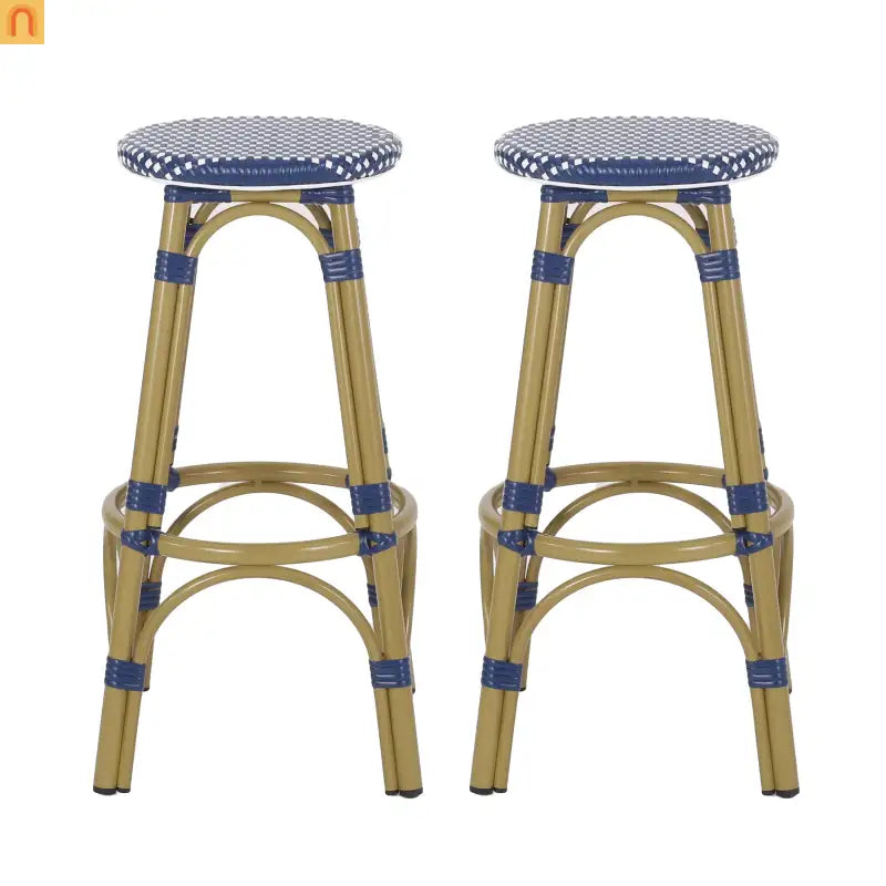 Outdoor Bar Stool PE Rattan 29.5" Navy Blue Set of 2