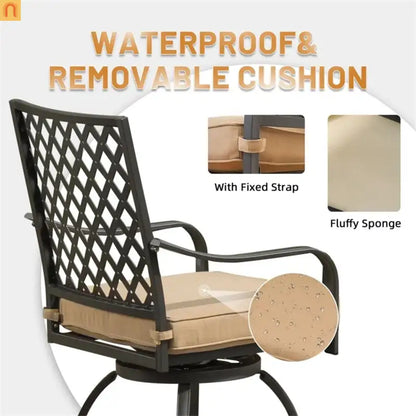 Outdoor Swivel Bar Stool Set Metal Khaki Cushion 360 Degree Set of 2