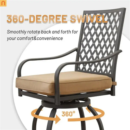 Outdoor Swivel Bar Stool Set Metal Khaki Cushion 360 Degree Set of 2