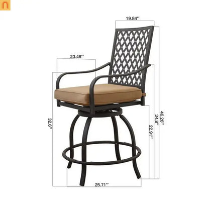 Outdoor Swivel Bar Stool Set Metal Khaki Cushion 360 Degree Set of 2