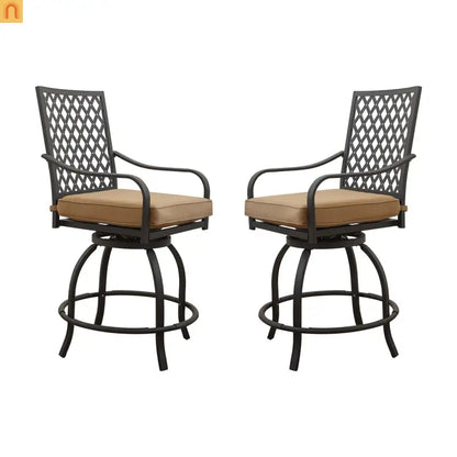 Outdoor Swivel Bar Stool Set Metal Khaki Cushion 360 Degree Set of 2