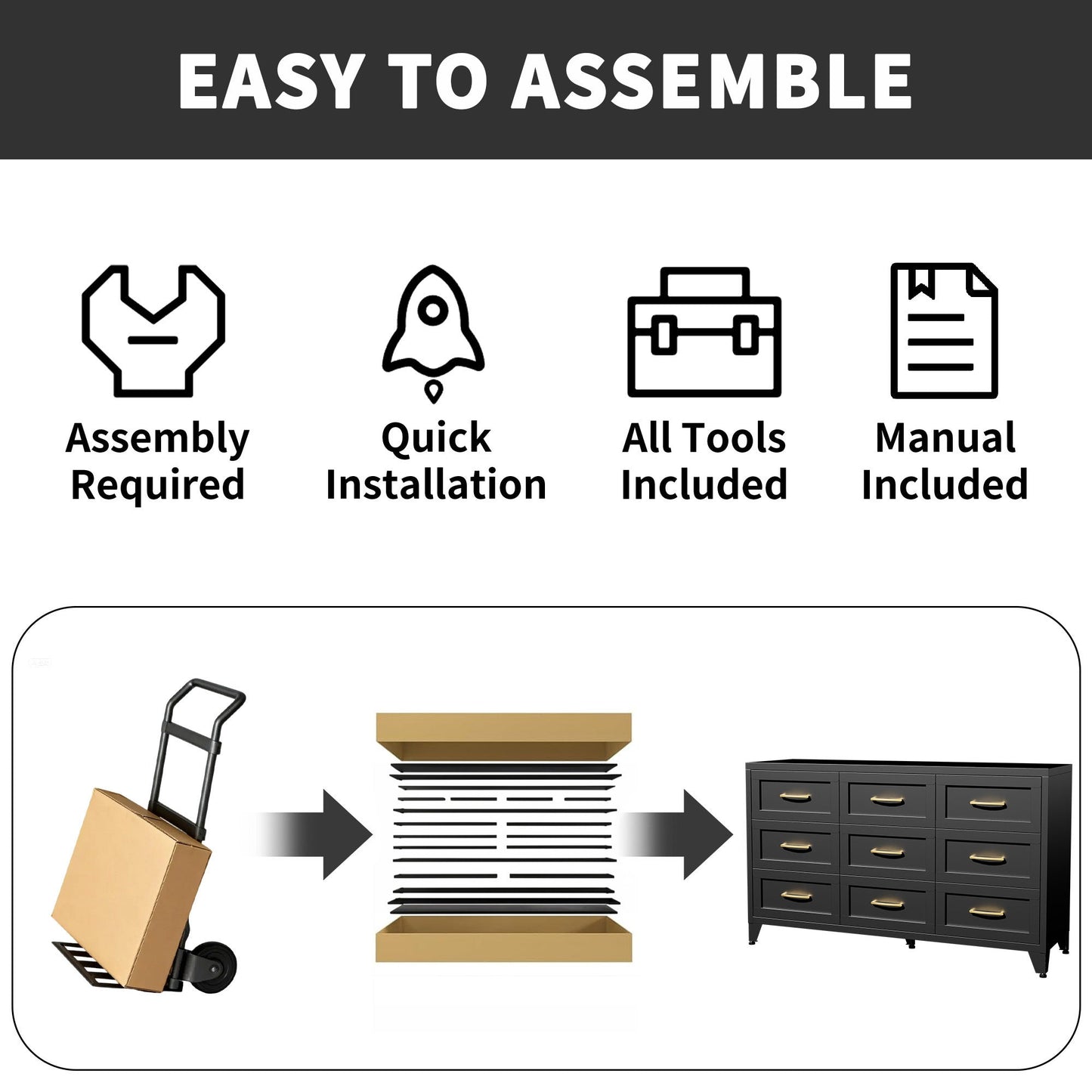 Dresser 9-Drawer Black Steel Smooth-Glide Powder Coat 52x15.8x30 In