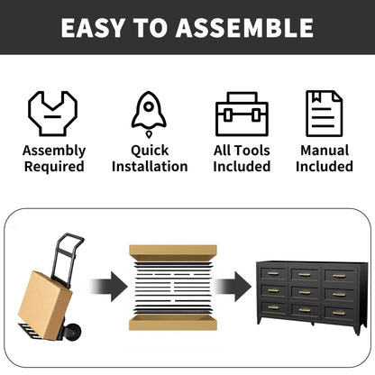 Dresser 9-Drawer Black Steel Smooth-Glide Powder Coat 52x15.8x30 In