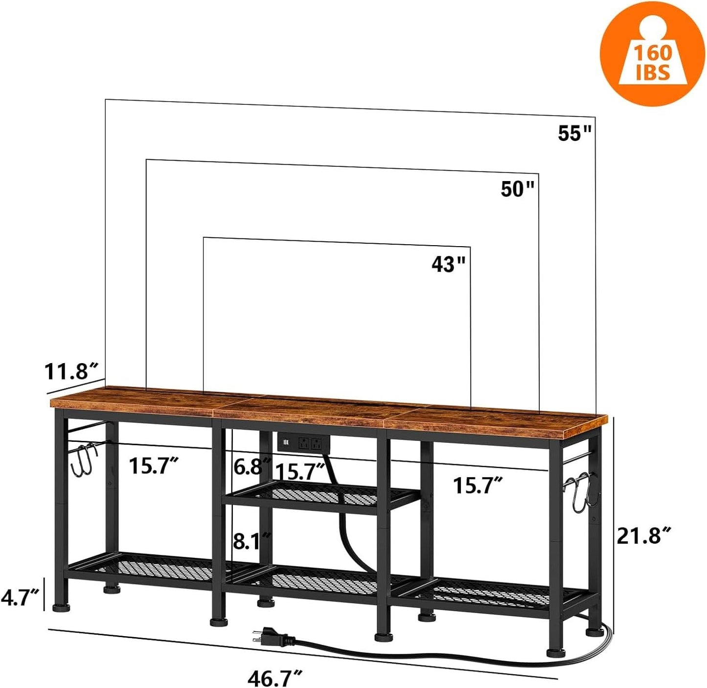 Rustic Brown TV Stand With Power Outlets For 55 Inch TVs