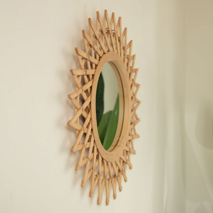 Wall Mirror Round Bamboo Hemp Rope Diamond Pattern Natural Boho 23.6 In