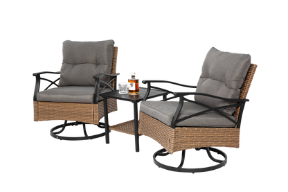 Outdoor Patio Set PE Rattan Steel Brown Swivel Rocker 3 Piece 350 LB