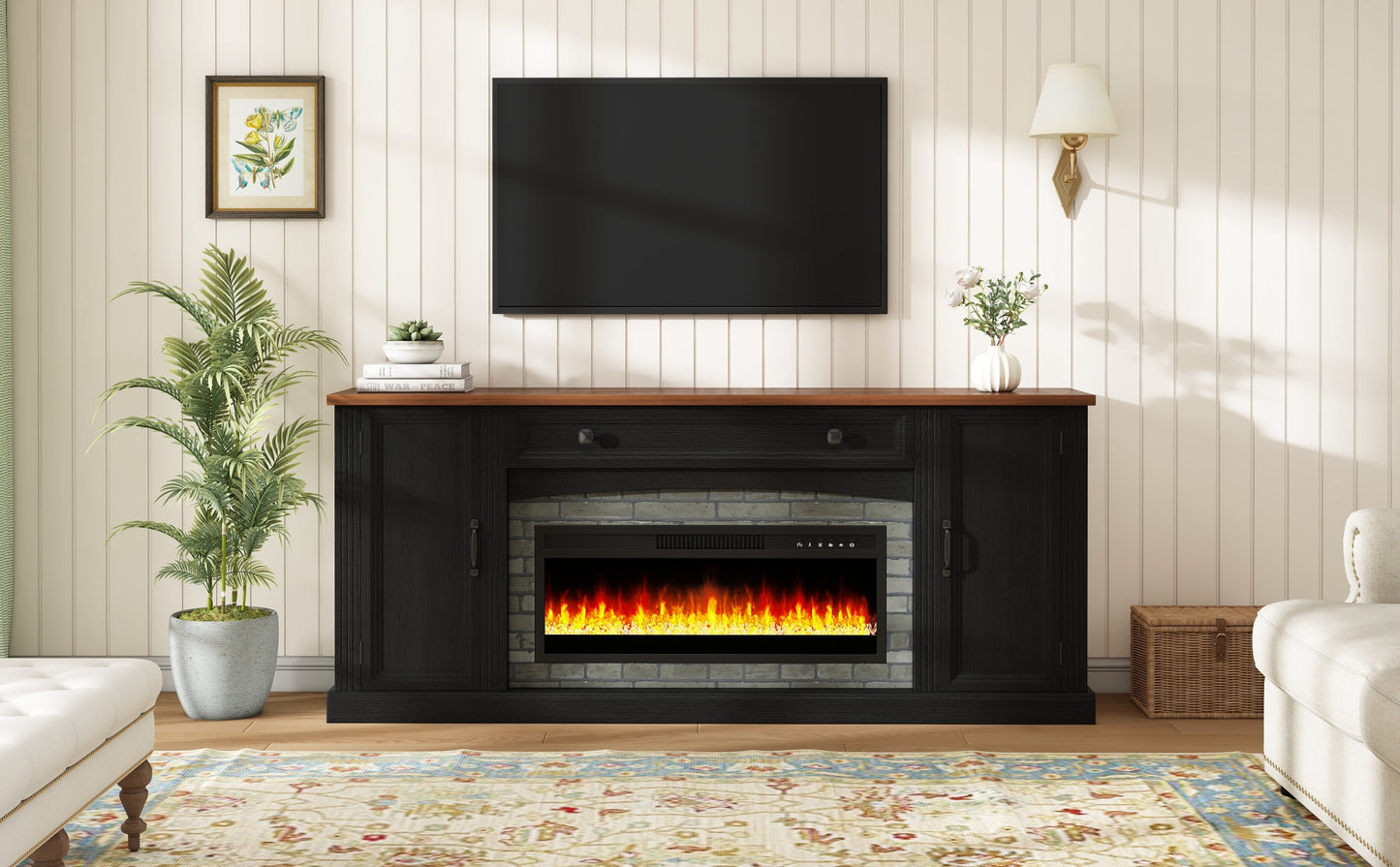 TV Stand Fireplace Black MDF Walnut Top Gray Brick 1400W Fits 70 In TV 66.9 In
