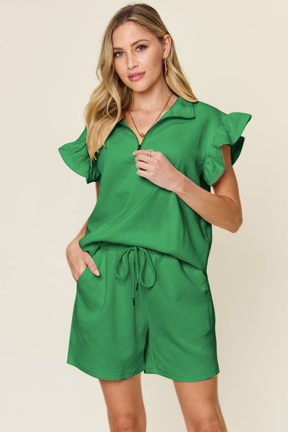 Textured Flounce Sleeve & Drawstring Shorts Set