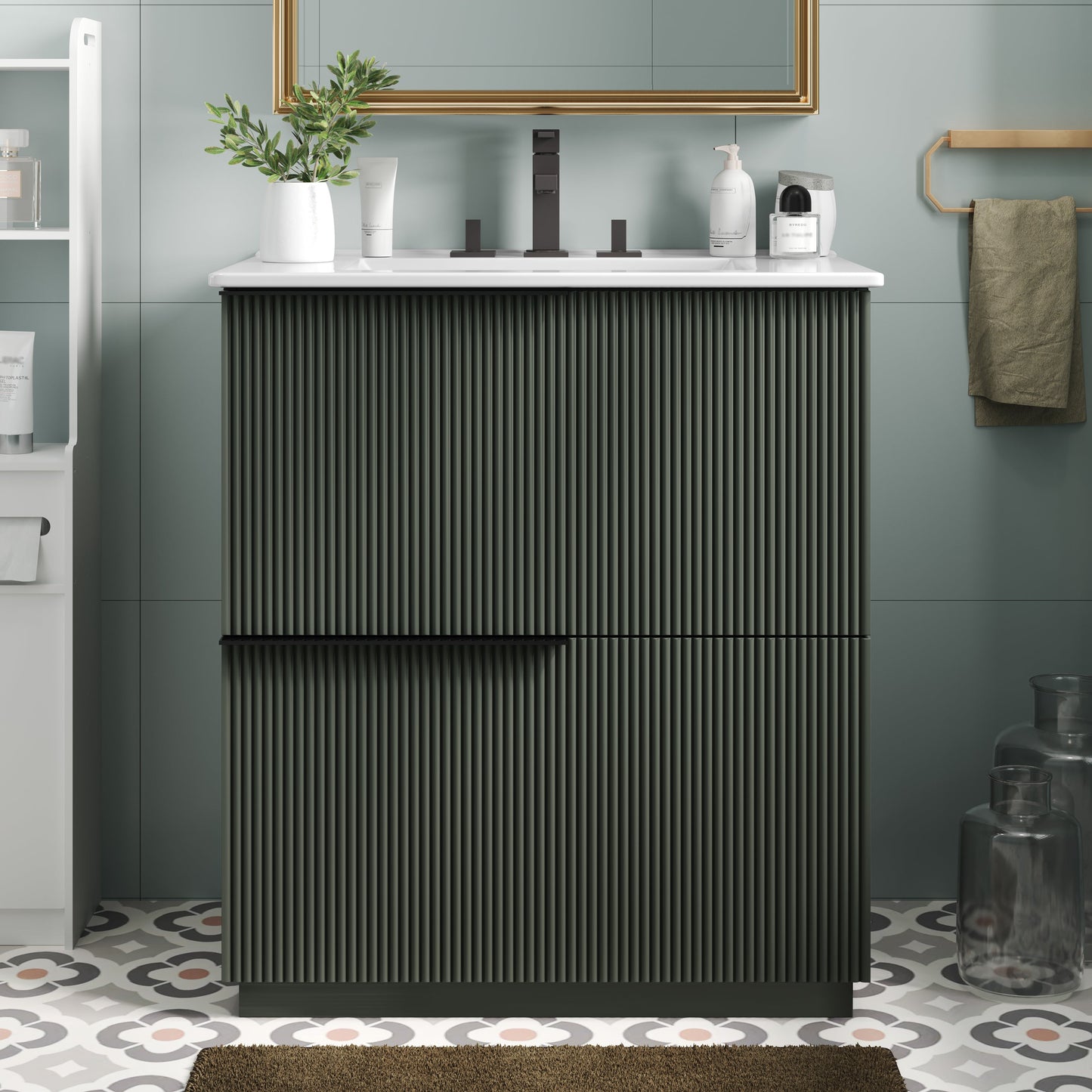Green Fluted Bathroom Vanity with Ceramic Sink, 30' Full-Extension Drawers, S...