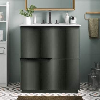 Green Fluted Bathroom Vanity with Ceramic Sink, 30' Full-Extension Drawers, S...