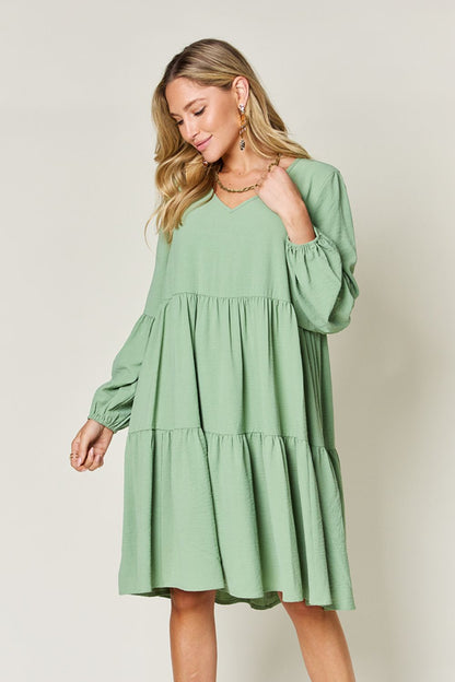 V-Neck Balloon Sleeve Tiered Boho Midi Dress