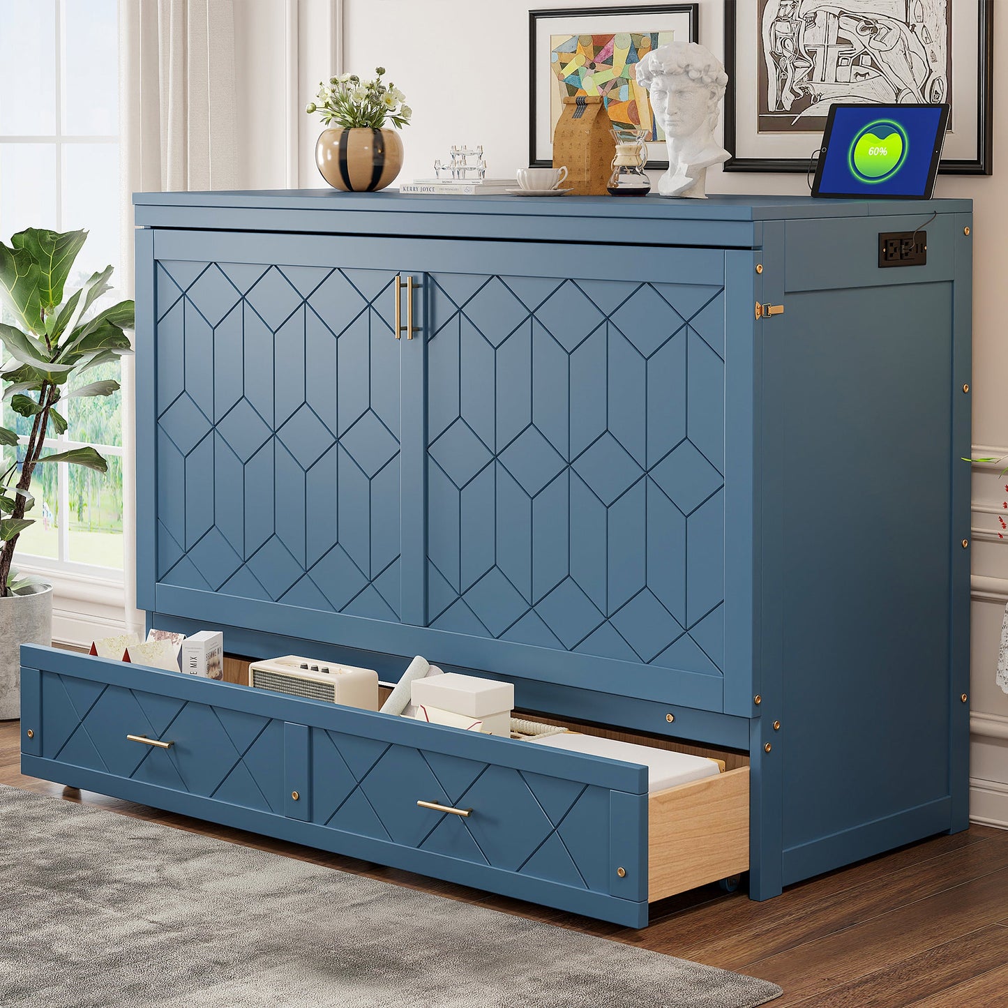 Queen Size Murphy Bed Wall Bed with Drawer and Sockets and USB Ports, Navy Blue