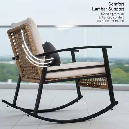 Outdoor Rocking Chair Set Iron Wicker Beige Yellow 3 Piece Table