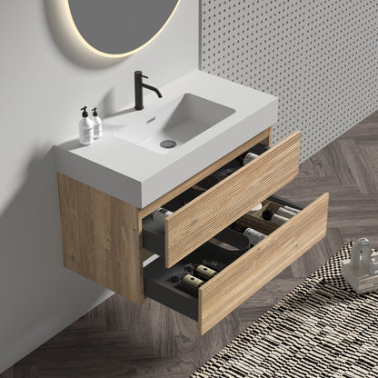 36'  Rough Oak+Rough Oak Bathroom Vanity with White Engineered Quartz Sink an...