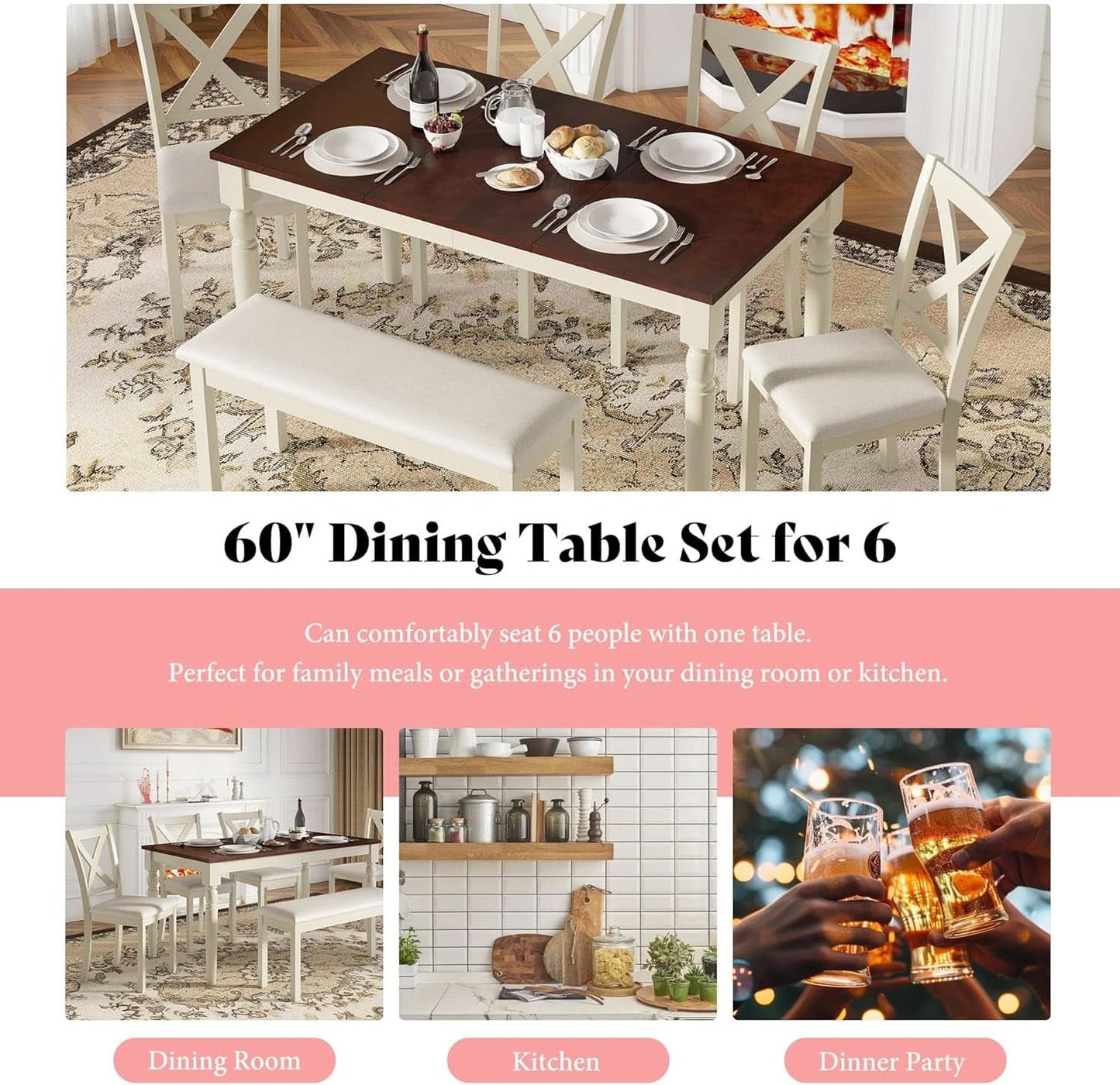 Sixty Inch Solid Wood Walnut Finish Dining Table Set Upholstered Chairs