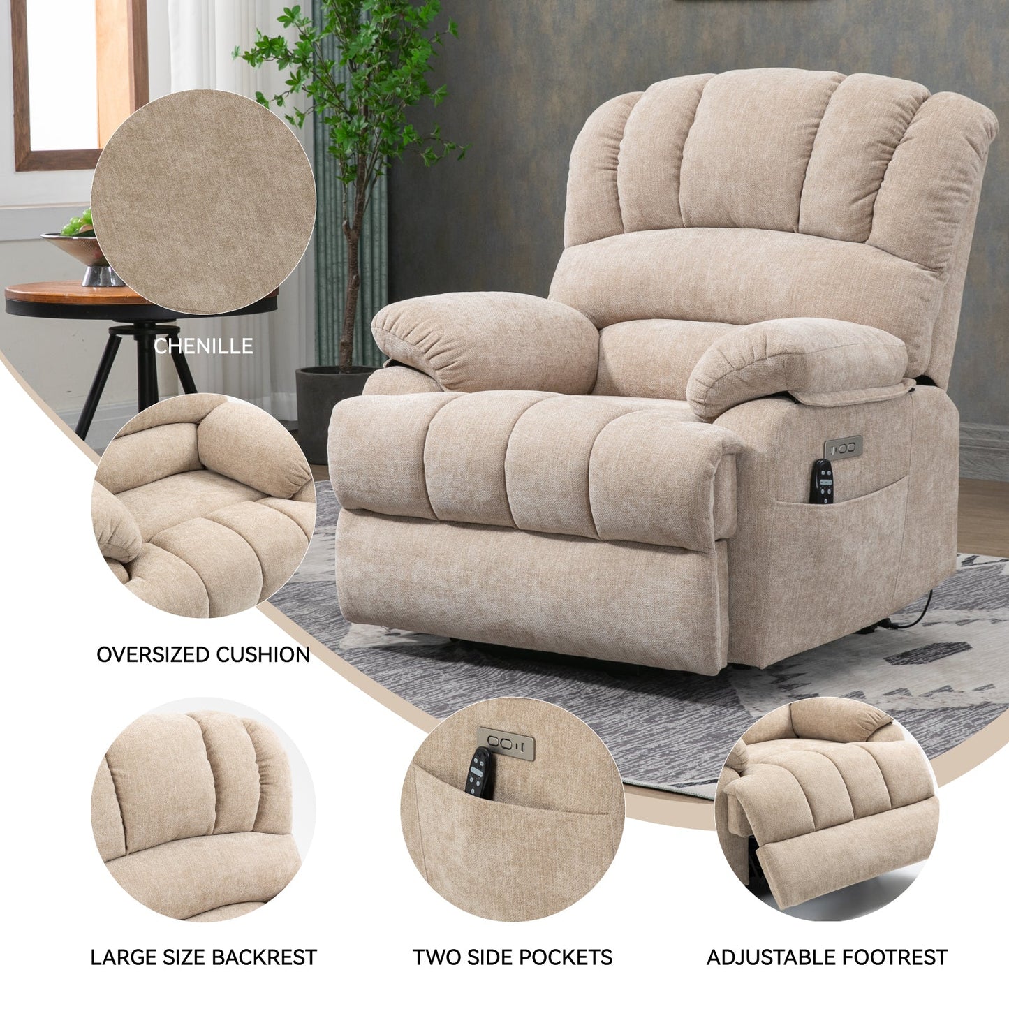 Lift Recliner Chair Power Oversized Chenille Beige 23 In Seat USB 350 LB