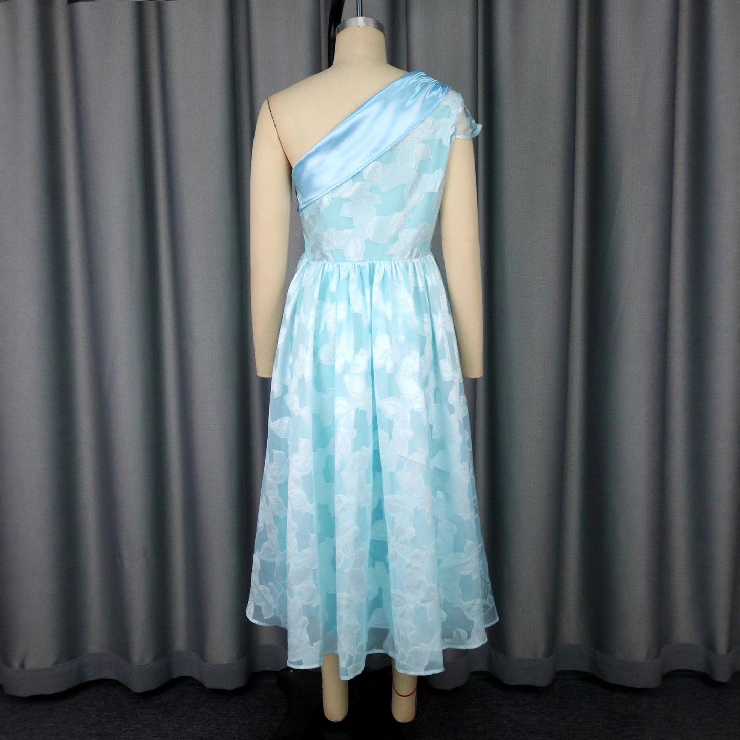 Women's Oblique Shoulder Contrast Color Evening Dress Jacquard Elegant Dress