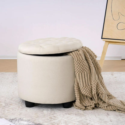 Beige Round Storage Ottoman Featuring Removable Lid