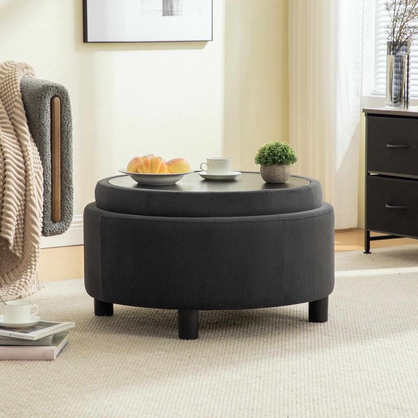 29.33' Round Upholstered Ottoman with Reversible Lid, Fleece Fabric, Gray