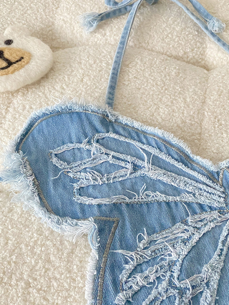 Embroidered Camisole With Butterfly Theme Sexy Blue Stage Performance Top For Girl Groups
