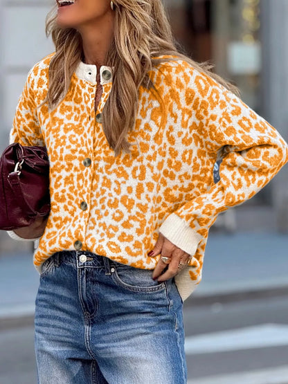 Leopard Drop Shoulder Chunky Knitted Cardigan