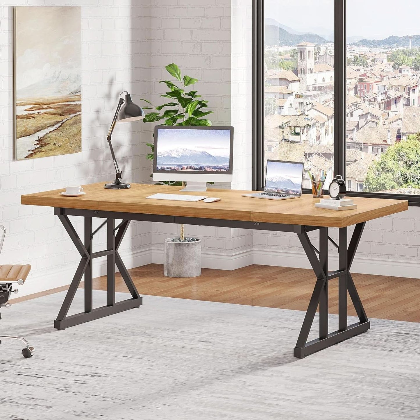 70.8 Inch Executive Desk Light Walnut Black Large Computer Office Desk