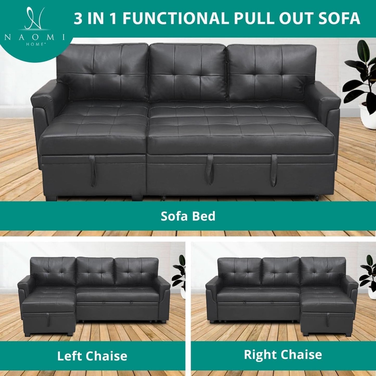 Sleeper Sectional Sofa Black Leather With Convertible Bed